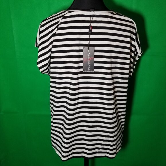 More Love & Lace White/Black Striped Blouse Large Flower Size Medium Paris NWT - Picture 3 of 7